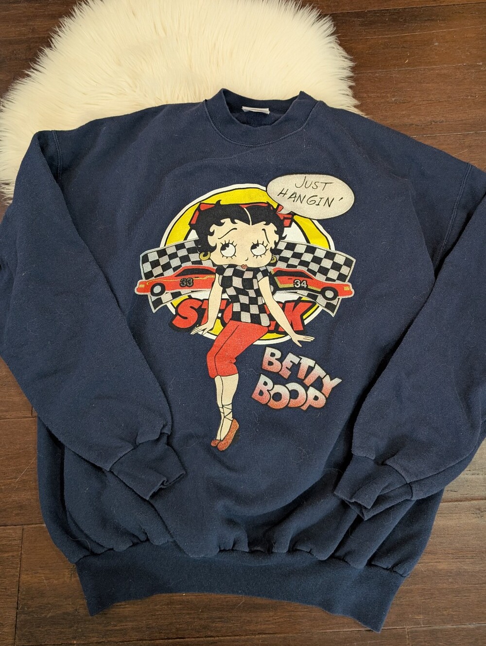 Vintage 90s Hanes Betty Boop Crewneck Sweatshirt Just Hangin Cars Racing Nascar